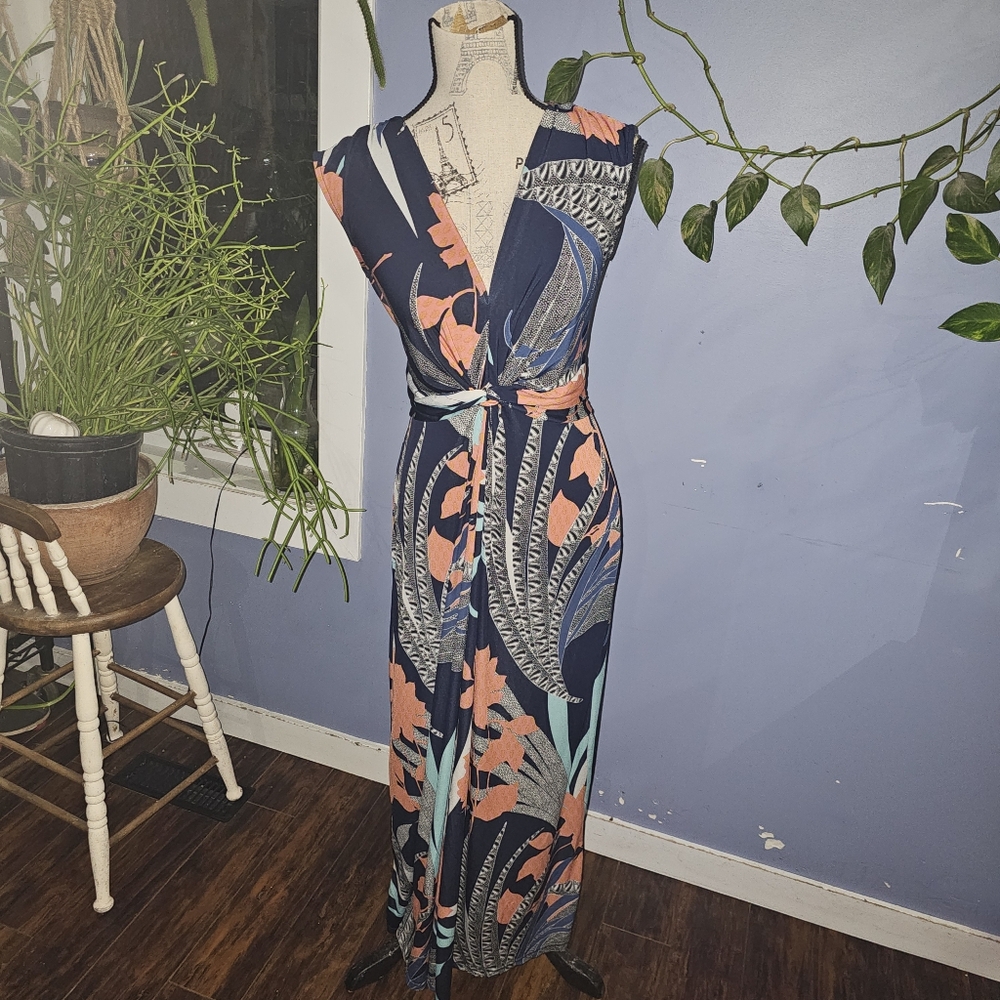 Sleeveless Navy Floral Wrap Maxi Dress